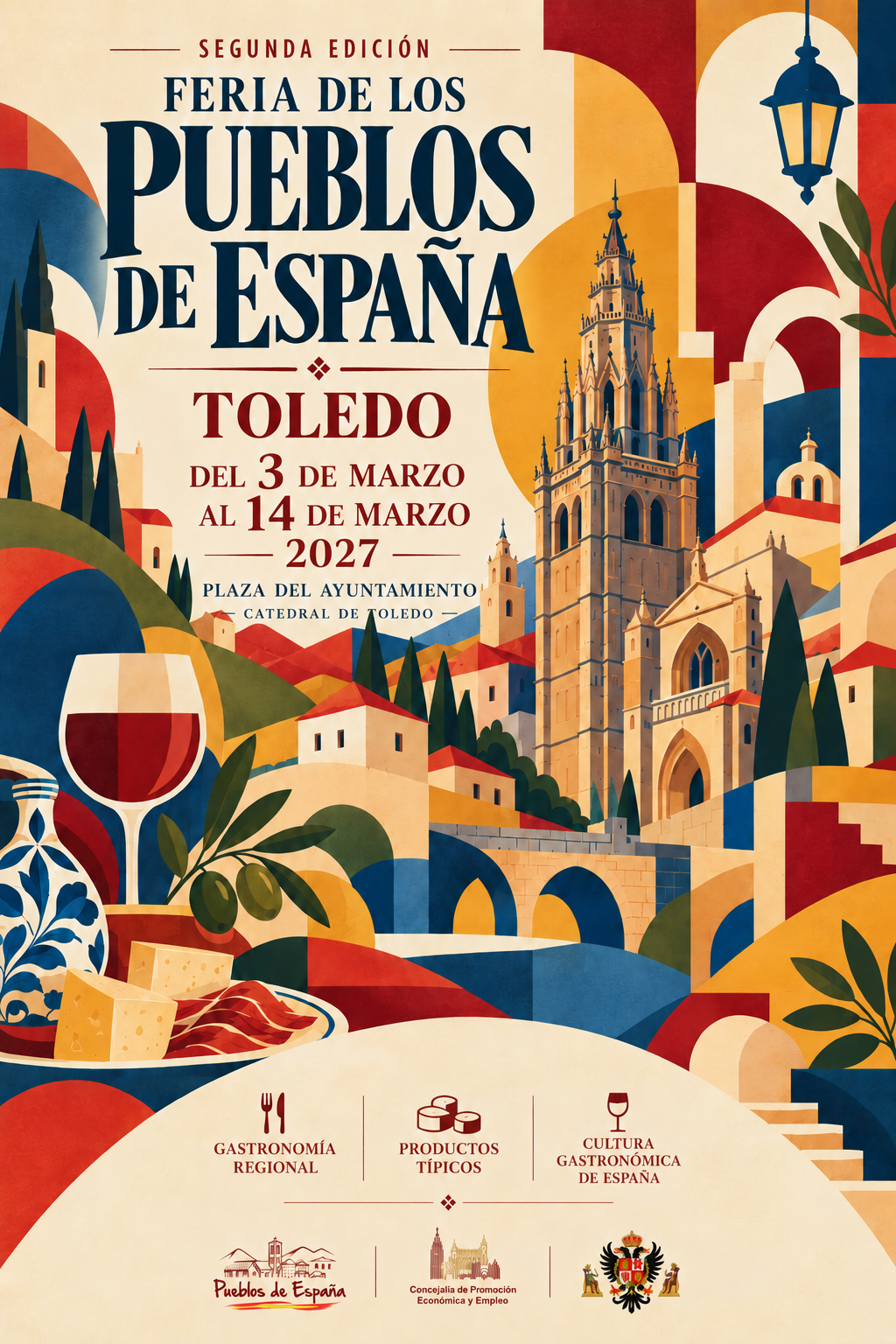 Cartel oficial de la segunda edición de la Feria de los Pueblos de España en Toledo, del 3 al 14 de marzo de 2027, con la Catedral de Toledo ilustrada