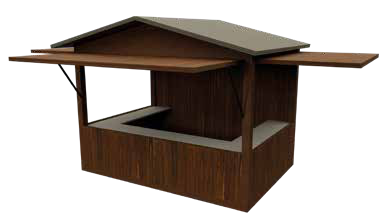 Modelo de caseta individual de madera con mostrador frontal y ventanas laterales