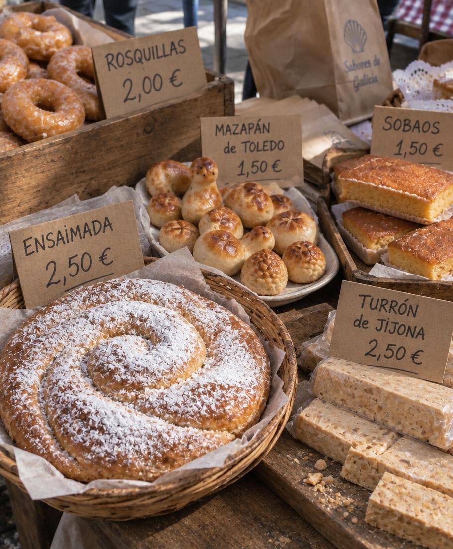 Rosquillas, mantecados, yemas y tarta de Santiago